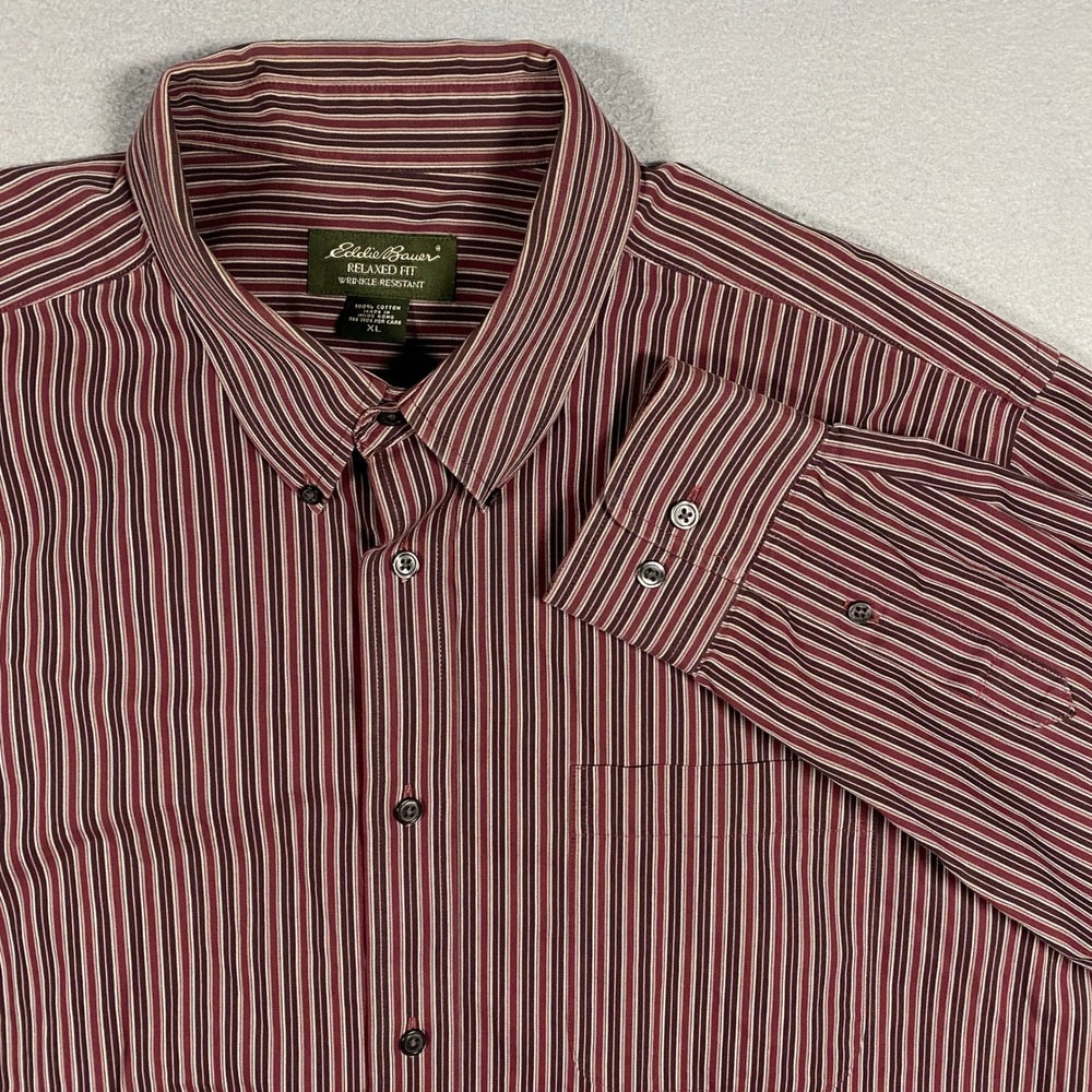 Eddie Bauer Wrinkle Resistant Button Down Shirt Mens XL Burgundy Striped Relaxed